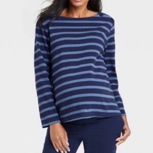 THE NINES BY HATCH‎ Long Sleeve Cotton Boatneck Maternity Blouse Striped, NWT